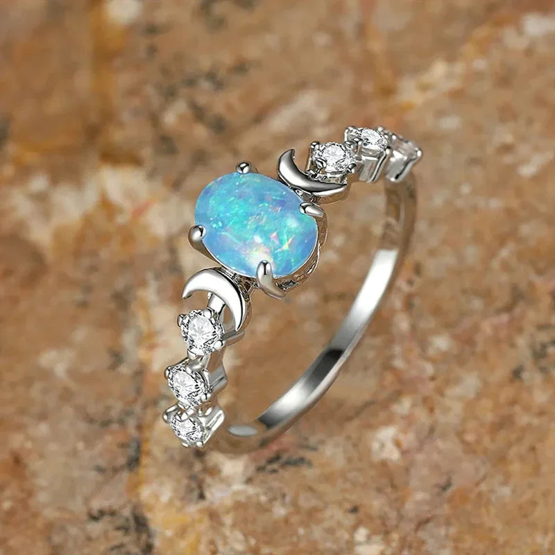Blue/White Imitation Opal Moon Rings
