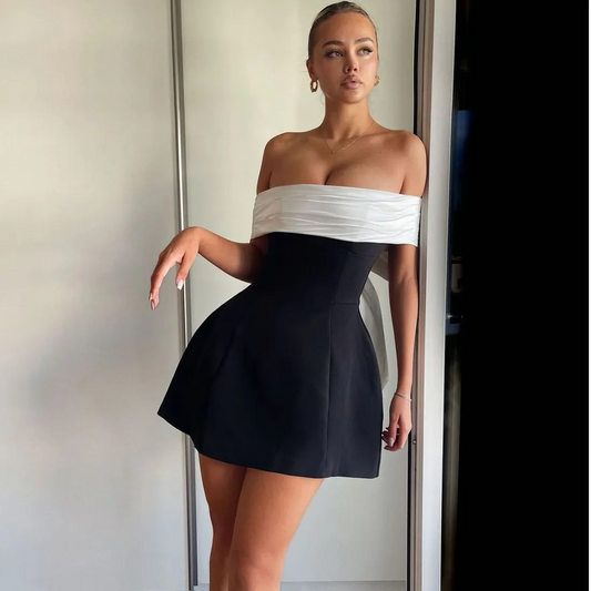 Contrast Bow Off-Shoulder Dress
